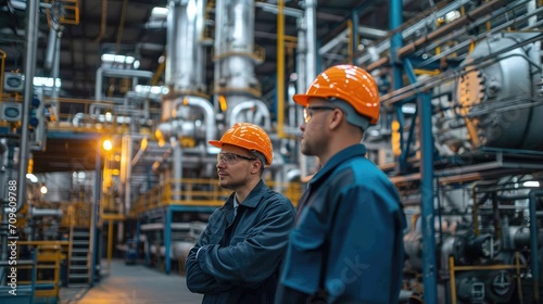 happy two engineers talk and discuss in factory of petrochemical industry © hakule