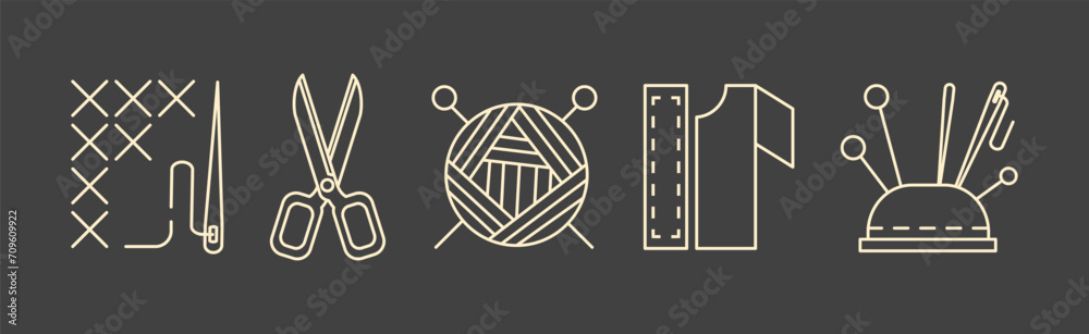 Fototapeta premium Sewing Tool and Equipment with Needle, Scissors, Yarn Ball, Material and Pin Cushion Vector Set
