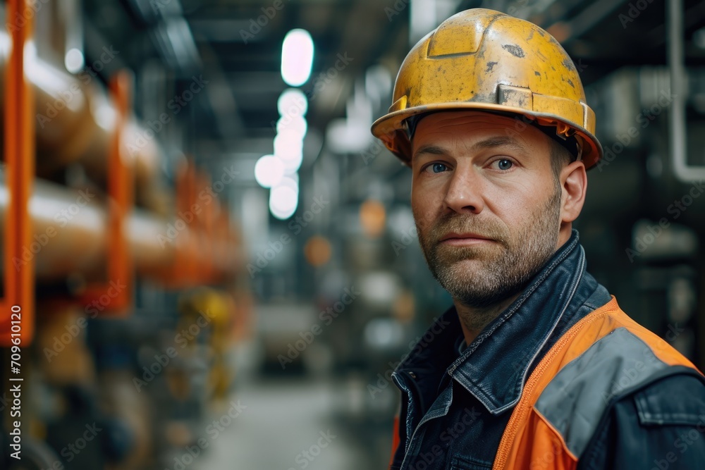Portrait of Industry maintenance engineer man wearing uniform and safety hard hat on factory station Portrait of Industry maintenance engineer man wearing uniform and safety hard hat on factory station
