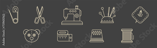 Sewing Tool and Equipment with Pin, Scissors, Machine, Needle, Thread Bobbin and Thimble Vector Set