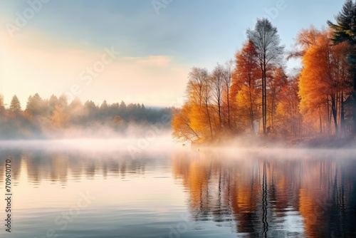  a body of water with trees in the background and fog on the water and trees in the foreground in the foreground.