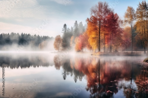  a body of water surrounded by trees with a fog in the air and trees with orange and yellow leaves in the foreground.
