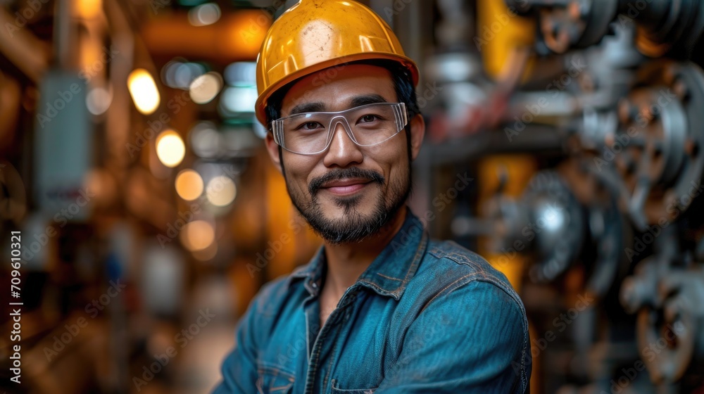 portrait a happy Asian man as an engineer working on a petrol plant