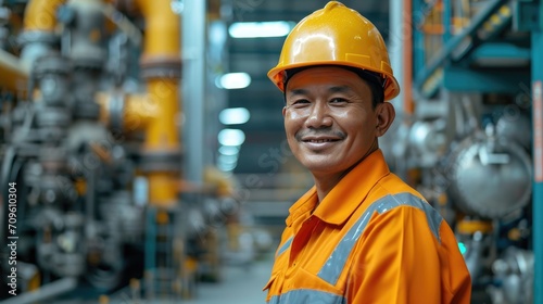 portrait a happy Asian man as an engineer working on a petrol plant © hakule