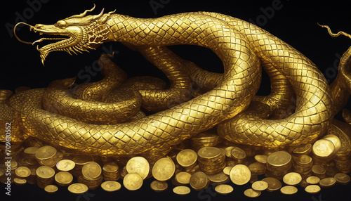 Silver dragon, gold dragon, golden figure, sitting on a pile of gold and silver. big and elegant