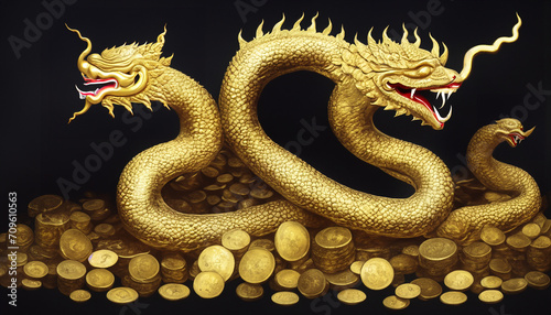 Three silver dragons, golden dragons, golden figures, sitting on a pile of gold and silver. big and elegant