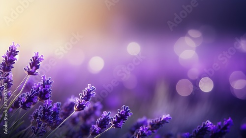 Purple lavender on right side with magical bokeh background and text space on left side