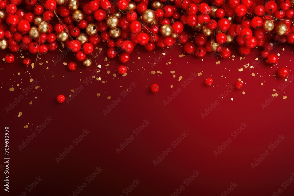 a bunch of red berries with gold sprinkles on a red background with a space for a text. a bunch of red berries with gold sprinkles on a red background with a space for a text.