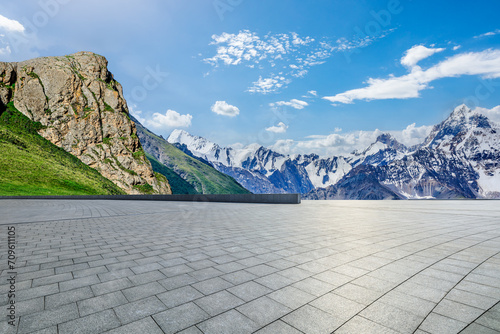 Empty floor and mountain nature landscape under blue sky © ABCDstock