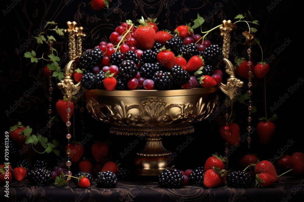  a golden bowl filled with lots of blackberries and strawberries next to a bunch of strawberries on a table.