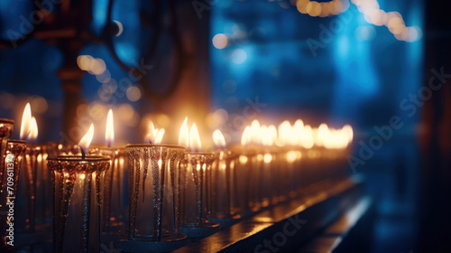 Rows of candles casting a warm glow in a tranquil, spiritual setting with a blurred background.