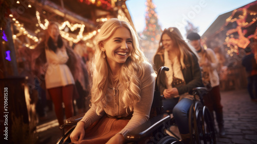 A happy young woman in a wheelchair enjoying the festive atmosphere of a Christmas market. photo