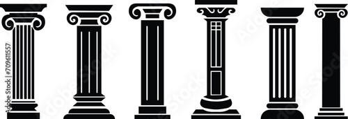 vector pillar background design art set, Medieval Symbol, Pillar icon in filled flat logo template, black logo element, law justice logo, building construction architecture logo, Trendy style vector.