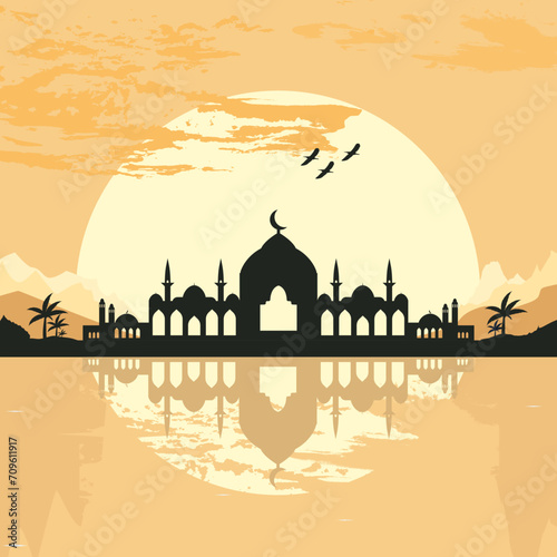 Mosque Silhouette with Mountains and Sunset in the Background
