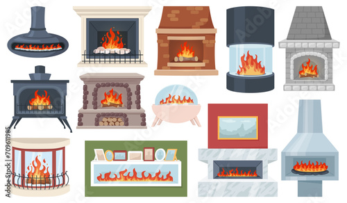 Cartoon fireplaces and hearths. Home interior heating. Cozy room elements. Modern domestic fire. Retro stove. Warm house. Burning flame. Traditional household furnace. Recent vector set