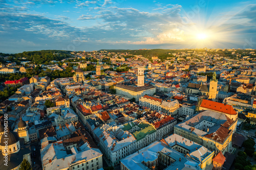 Panoramic summer view from drone on historical center of Lviv city photo