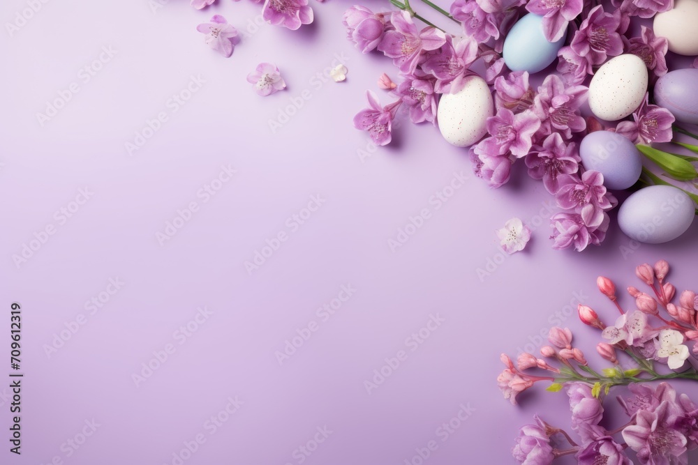 a bunch of purple flowers and eggs on a purple background with a place for a message or an easter card. a bunch of purple flowers and eggs on a purple background with a place for a message or an easter card.