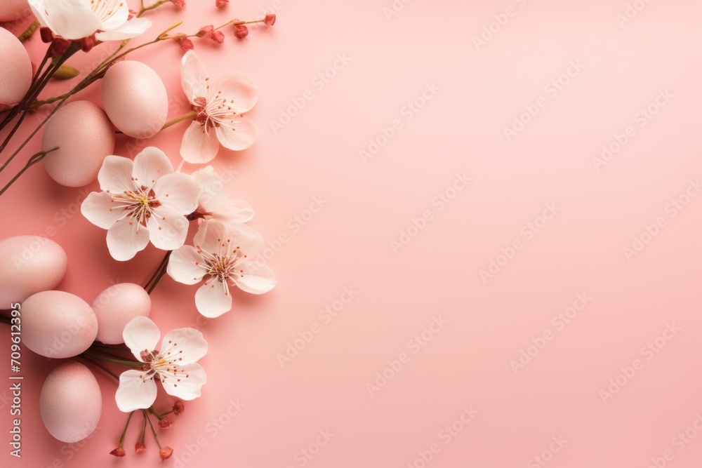  an overhead view of flowers and eggs on a pink background with a place for a text or an image with a place for your own text.
