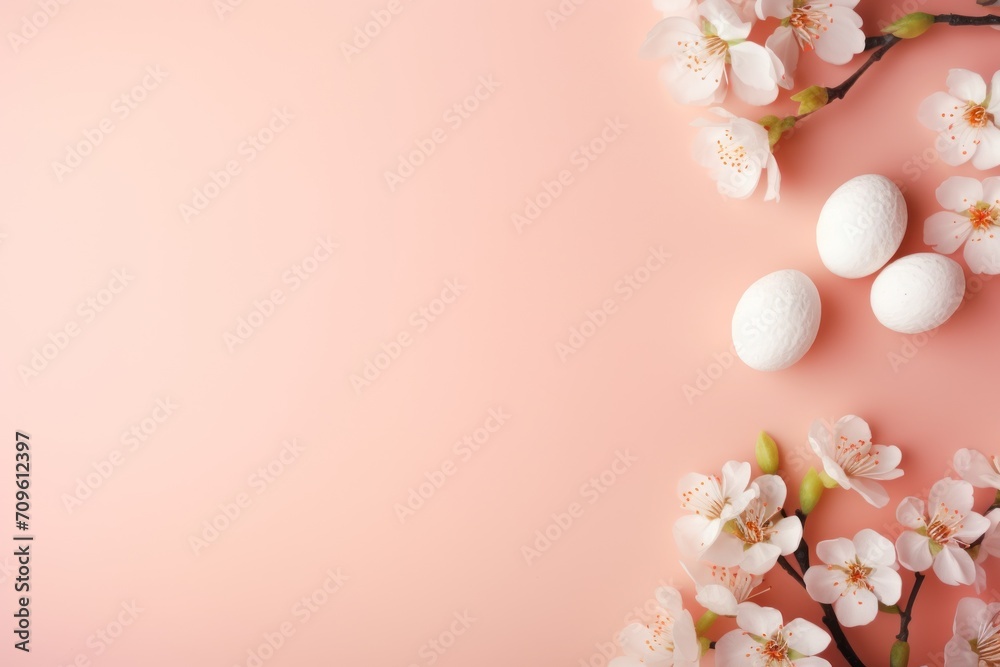  an overhead view of a pink background with white flowers and eggs on a branch of a blossoming cherry tree.