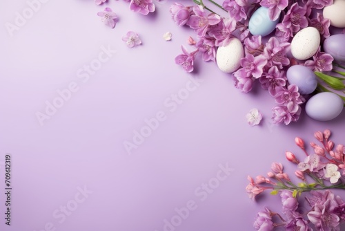 a bunch of purple flowers and eggs on a purple background with a place for a message or an easter card.