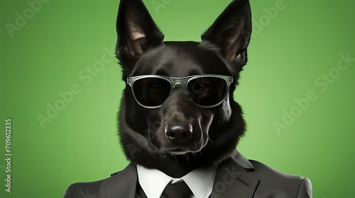 stylish dog in sunglasses and suit with tie, isolated on green background with copy space