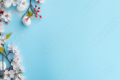  an overhead view of a branch of a cherry tree with white flowers on a blue background with space for text.