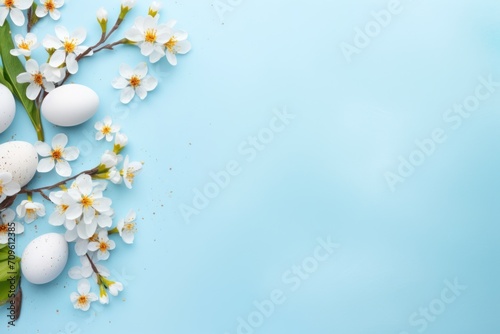  an overhead view of eggs and flowers on a blue background with a place for an inscription in the middle of the image.
