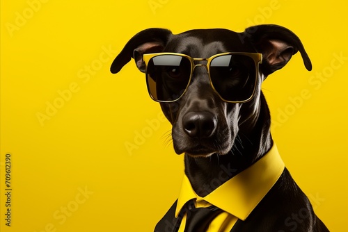 Sunglasses wearing dog in suit and tie on yellow background, ideal for left side text placement © Ilja