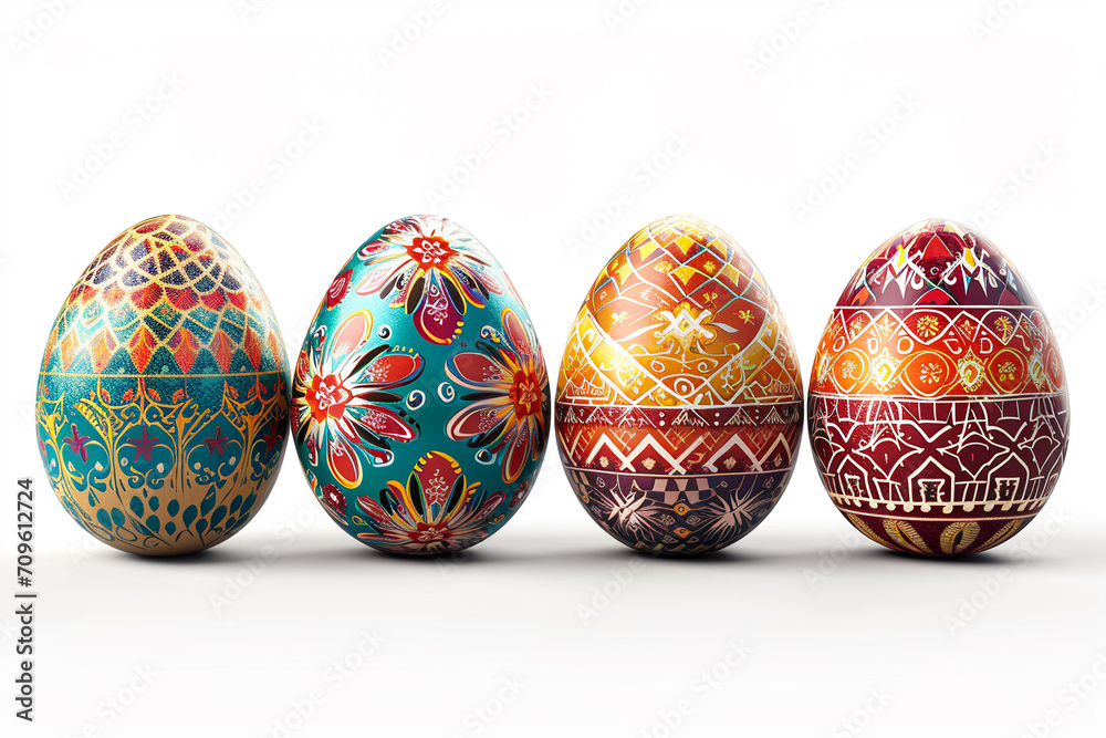 Easter decorated eggs with ethnic ornament isolated on a white background. Ukrainian pysanka. Copy space. Easter decorated eggs with ethnic ornament isolated on a white background. Ukrainian pysanka. Copy space.