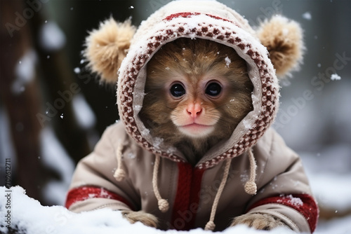 a monkey wearing thick clothes in the snow