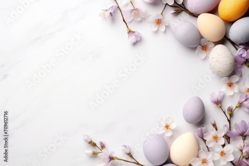  a bunch of eggs sitting on top of a table next to a bunch of flowers and a white marble surface.