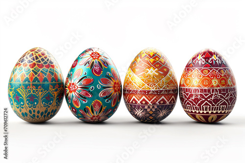 Easter decorated eggs with ethnic ornament isolated on a white background. Ukrainian pysanka. Copy space.