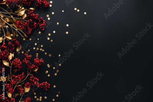  red berries and gold leaves on a black background with space for a text or an image with a place for your own text.