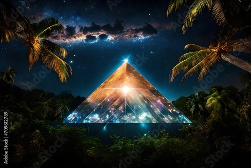 Fototapeta Naklejka Na Ścianę i Meble -  glowing space portal pyramid rising in the tropical jungle under a nebulous sky