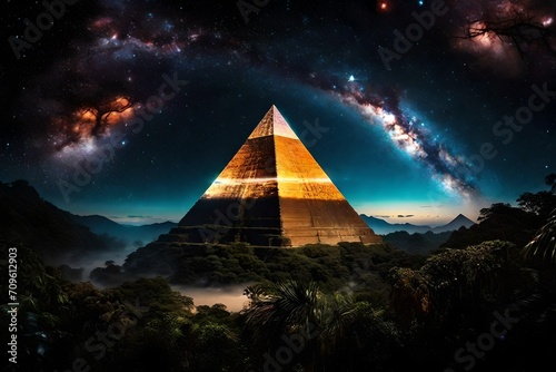 surreal mystical glowing pyramid rising in the tropical jungle under a nebulous sky