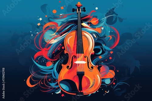  a violin on a blue background with a splash of paint on the bottom of the violin, and a splash of paint on the bottom of the violin.