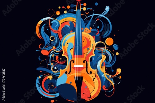  a violin on a black background with colorful swirls and bubbles in the shape of an abstract music instrument illustration.