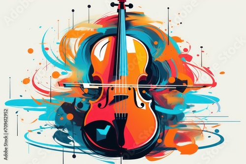  a painting of a violin with a splash of paint on it s body and a bow on the back of the violin.