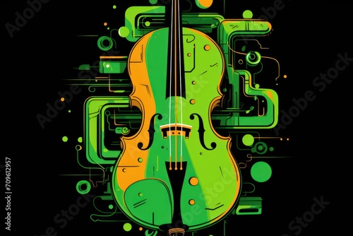  a violin on a black background with a green and orange design on the front of the violin and the back of the violin.