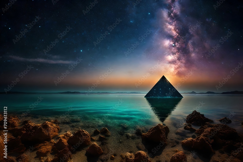 mystical pyramid surrounded by water under a starry sky - obrazy, fototapety, plakaty 