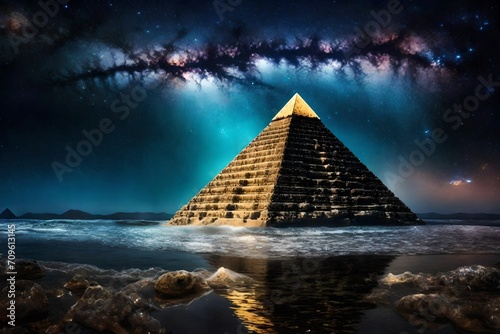 ancient alien pyramid above water   conspiracy theory illustration