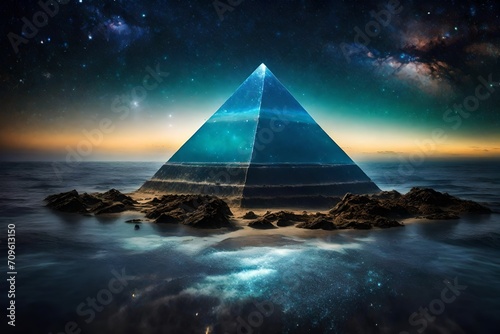ancient alien pyramid above water , conspiracy theory illustration