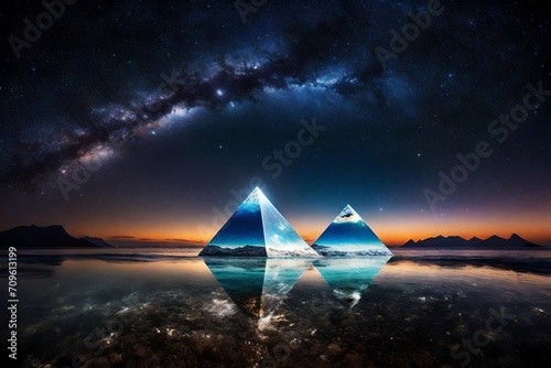 surreal space pyramid above water   nebulas and glowing stars