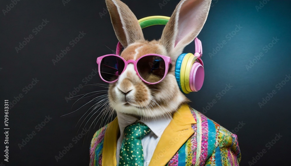 Rabbit in retro suit with colorful sunglasses and headphones on black background