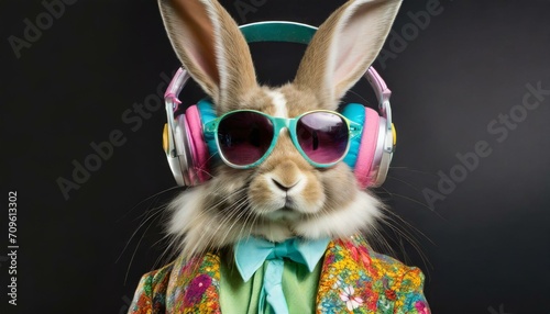 Rabbit in retro suit with colorful sunglasses and headphones on black background