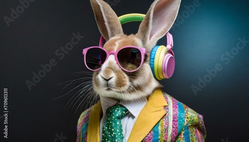 Obraz na płótnie Rabbit in retro suit with colorful sunglasses and headphones on black background w salonie