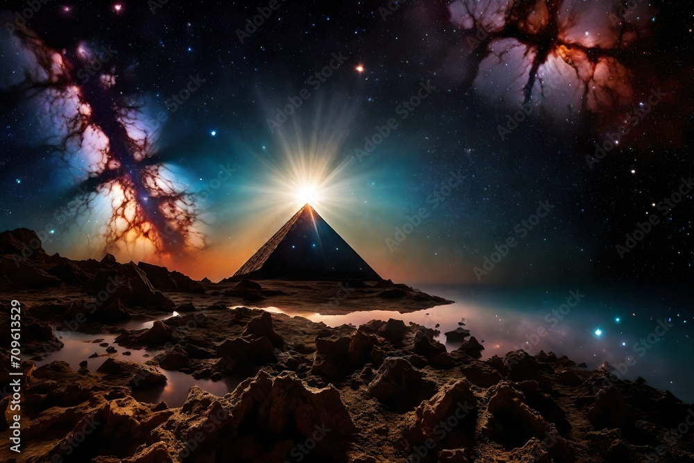 surreal galactic glowing pyramid , outerspace pyramid portal, nebulas and stary sky - obrazy, fototapety, plakaty 