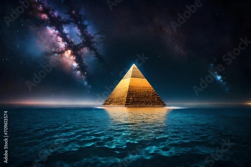 surreal mystical yellow pyramid glowing over a seascape   starry night sky and magnifiscient nebula