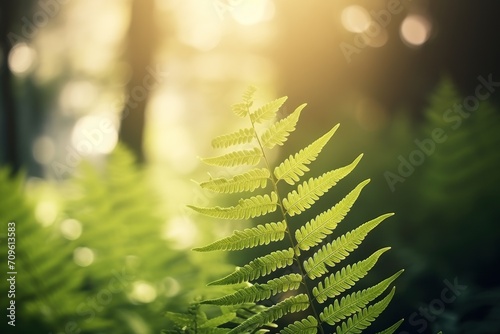  a close up of a fern leaf in a forest with the sun shining through the trees on a sunny day.