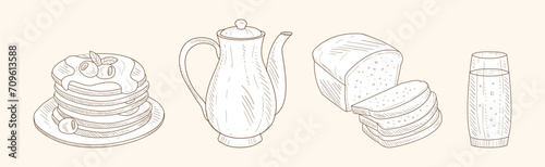 Hand Drawn Pancake, Teapot, Cut Bread and Glass with Drink Vector Set